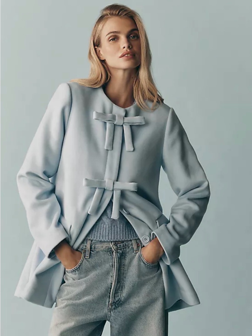 Light Blue Bow-Front Wool Blend Coat